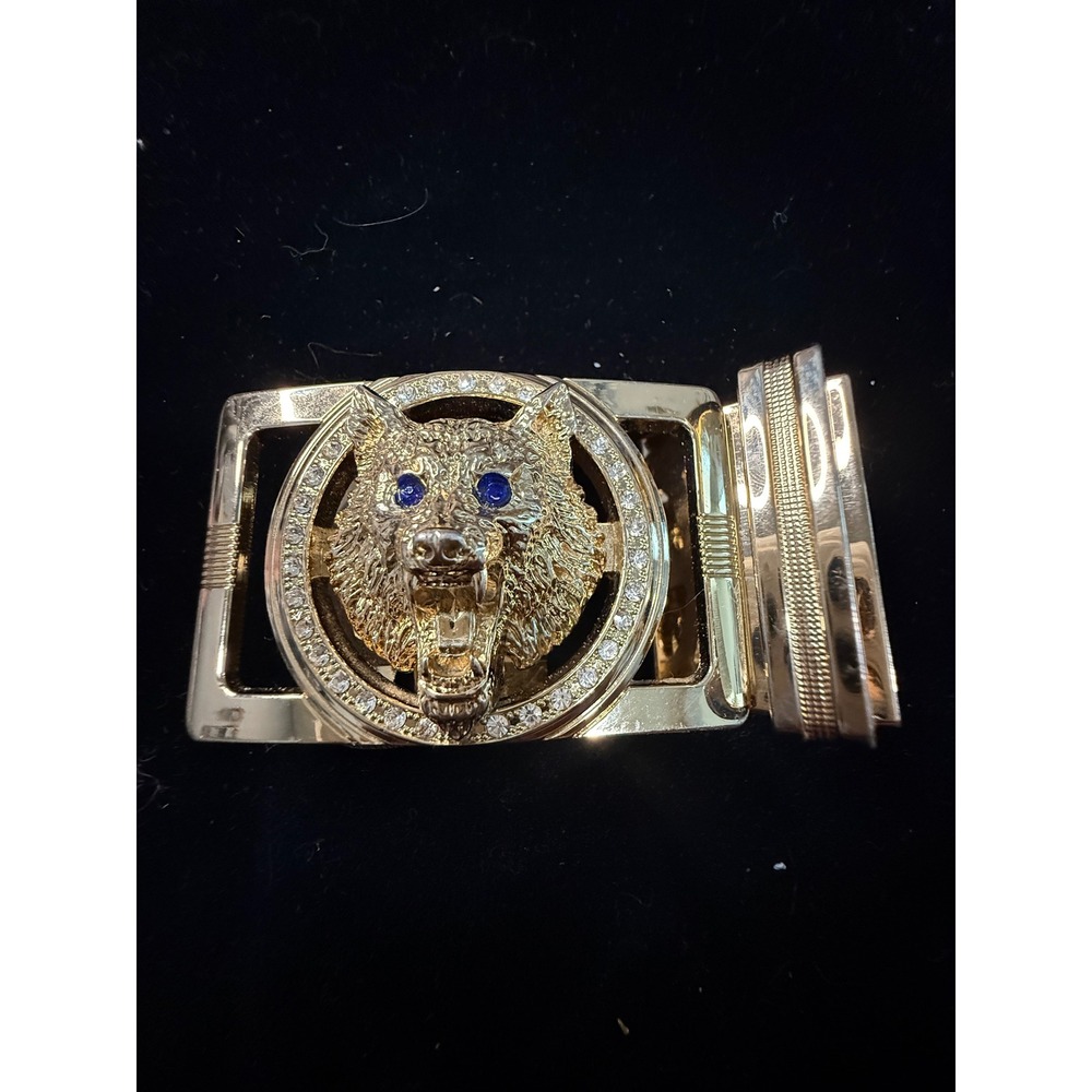 Gold Tone Wolf Head Automatic Belt Buckle Blue Rhinestone Eyes Ratchet Style